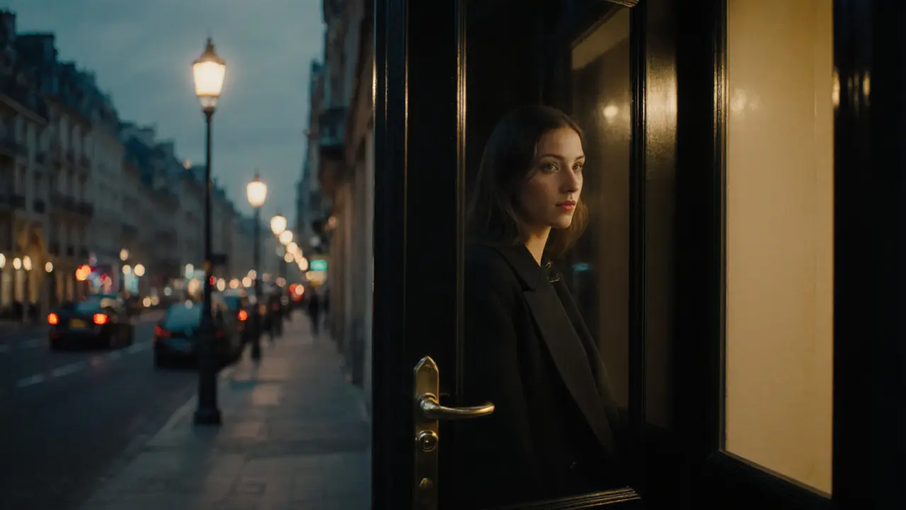 A discreet black door on a quiet Parisian street at dusk, no sign, just a woman in a coat pausing before entering.