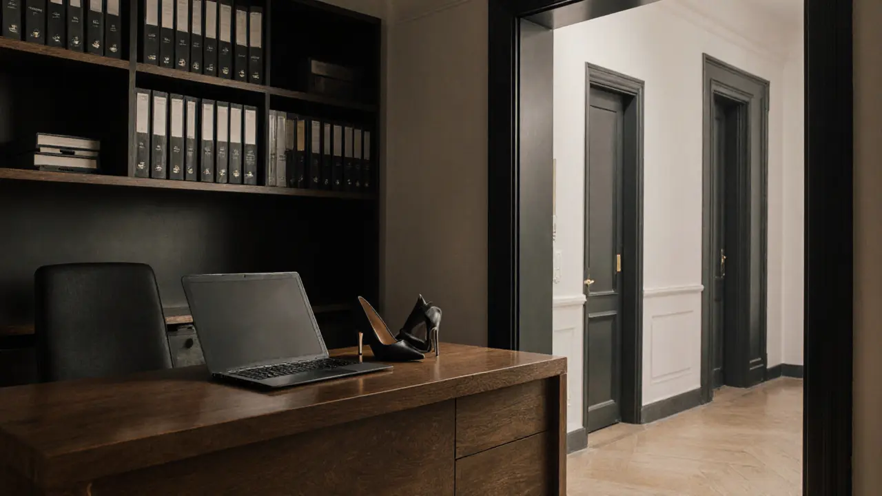 A discreet Paris agency office with unmarked binders, a closed laptop, and designer heels neatly placed — signs of privacy and professionalism.
