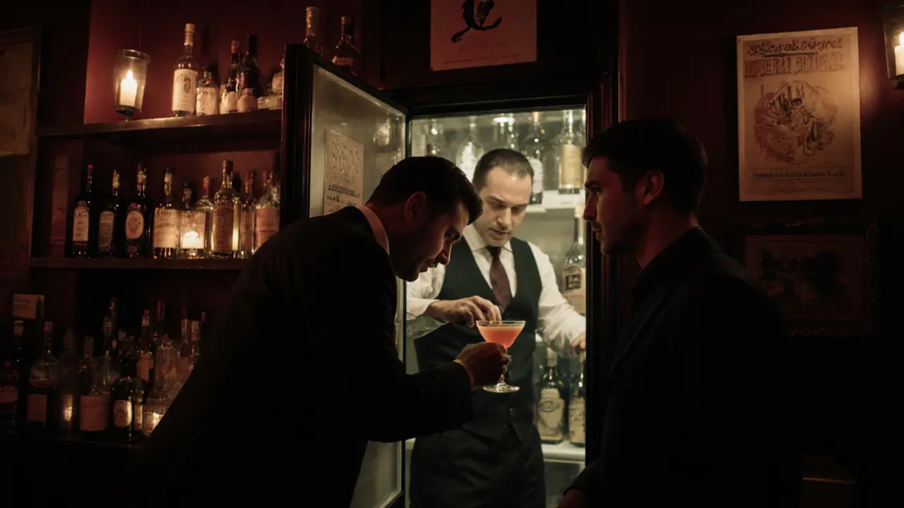 A hidden speakeasy behind a fridge, bartender pouring a cocktail by candlelight.