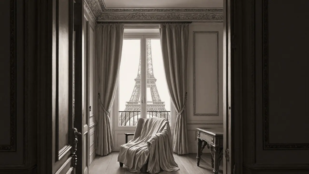 A keyhole view into a luxurious private apartment in Paris&#039;s 7th arrondissement, with the Eiffel Tower visible through the window.