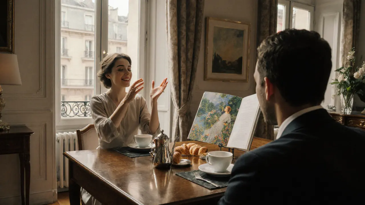 A man and woman discussing art over coffee in a sunlit Paris apartment, open art book on the table.