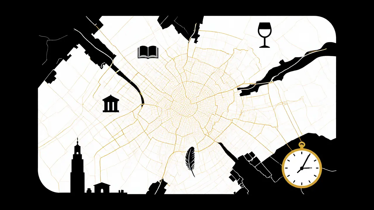 A minimalist map of the 16th district highlighting hidden cultural and intimate experiences.