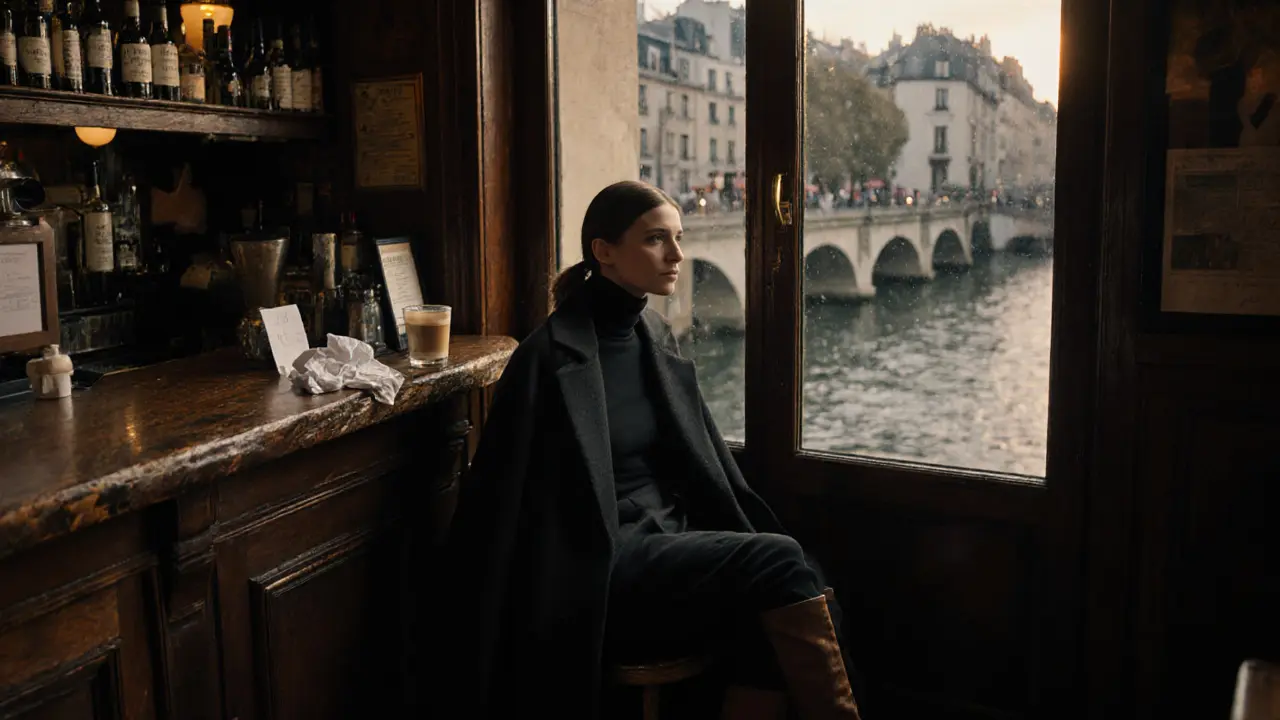 A model sits alone at a quiet Seine-side bar at dawn, coffee beside her, city still asleep.