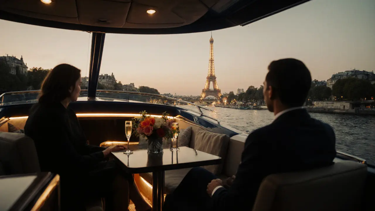 A private yacht glides on the Seine at sunset with two people enjoying champagne, the Eiffel Tower glowing softly in the distance.