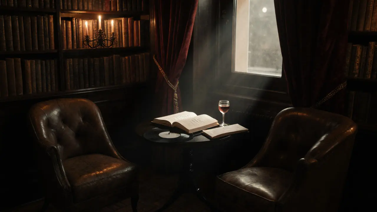 A quiet reading nook in a hidden Paris bar with an open classic novel, vintage vinyl spinning, and candlelight on bookshelves.
