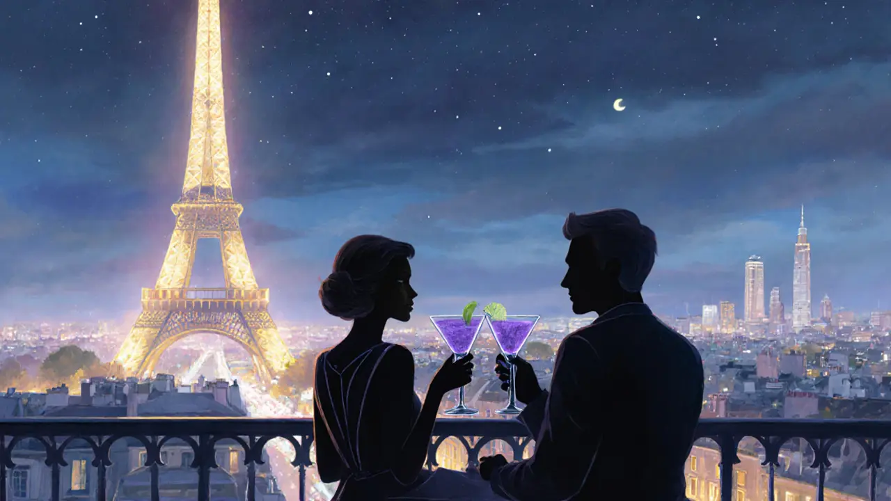 A quiet rooftop bar at midnight with the Eiffel Tower glowing in the distance.