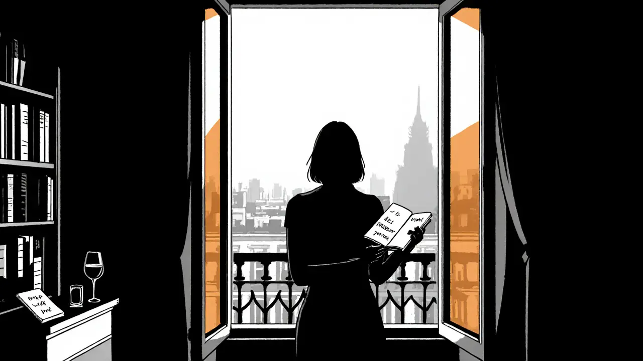 A silhouette in a Parisian apartment window with a bookshelf and wine glass, symbolizing emotional presence.