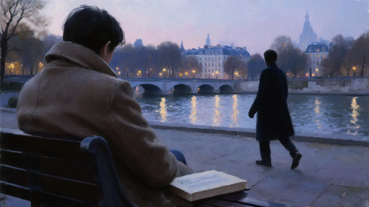 A solitary figure sits on a park bench at dusk in Paris, overlooking water as soft city lights begin to glow.