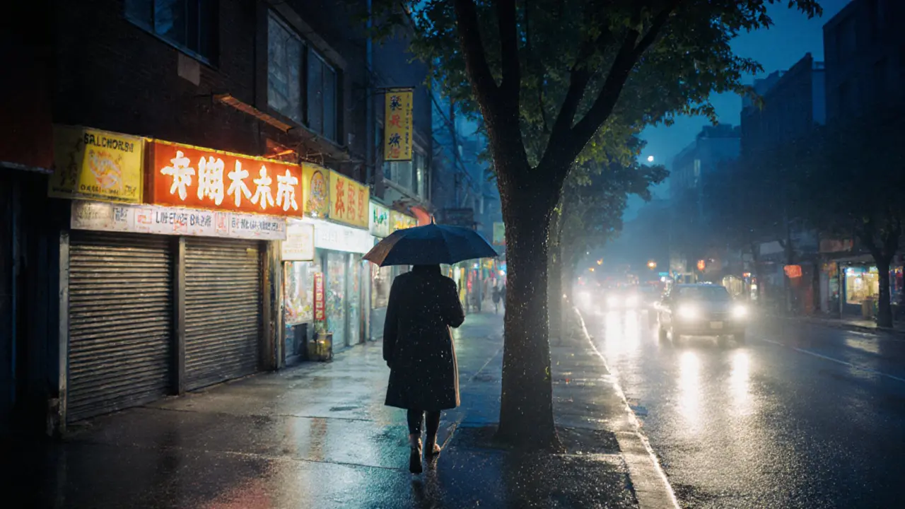 A solitary figure walks down a quiet Parisian street at night, passing a glowing Asian grocery store.