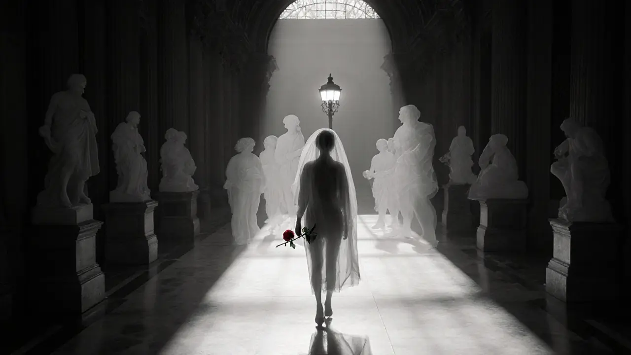 A solitary figure walks through the Louvre at night, holding a rose amid fading artwork.