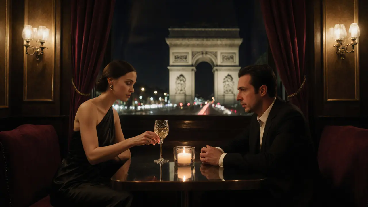 A sophisticated woman pours wine at a candlelit table in a Parisian restaurant, with the Arc de Triomphe visible through the window.