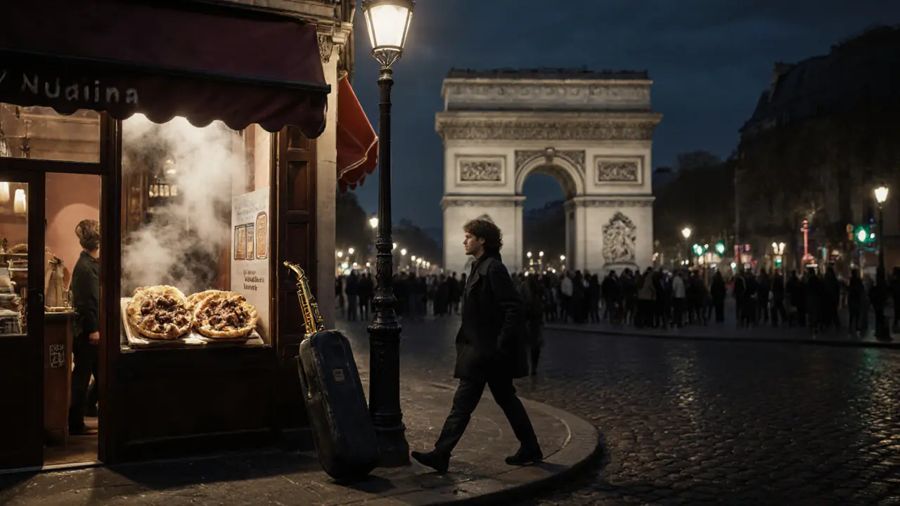 A street at 2 AM with steam rising from a creperie and the Eiffel Tower faintly lit in the background.