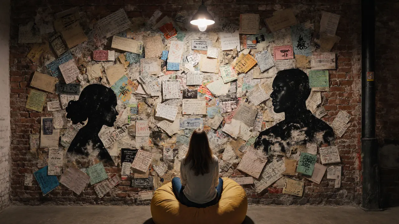 A wall covered in a collage of subway tickets and love letters, with a woman sitting quietly in front of it, lost in thought.