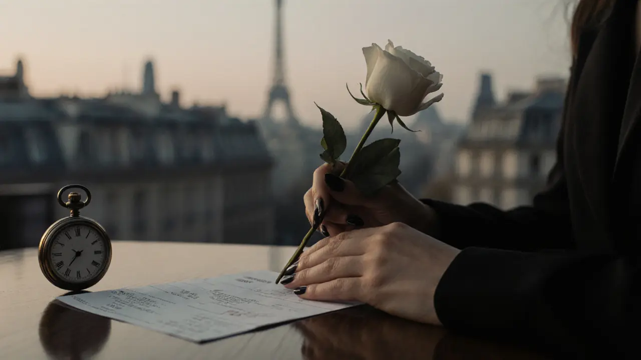 A woman&#039;s hands placing a white rose on a mahogany table beside a payment receipt and vintage pocket watch.