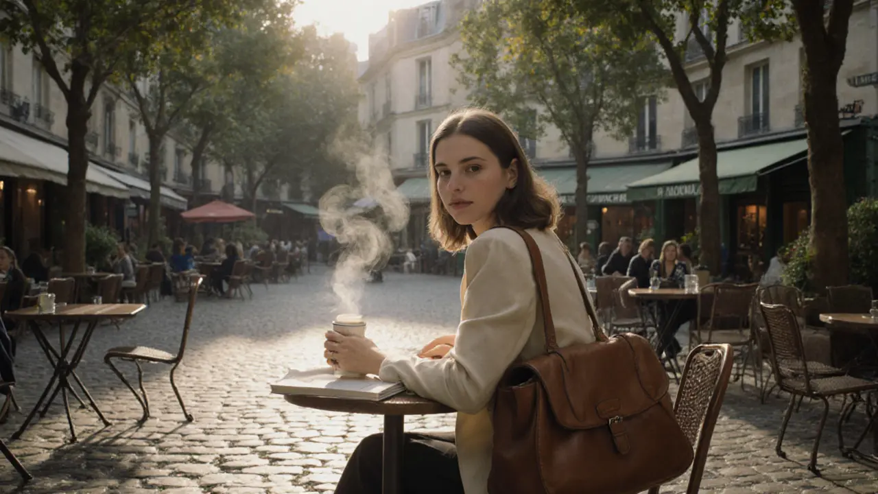 A woman in a hidden Parisian courtyard café at dawn, holding a book and smiling calmly.