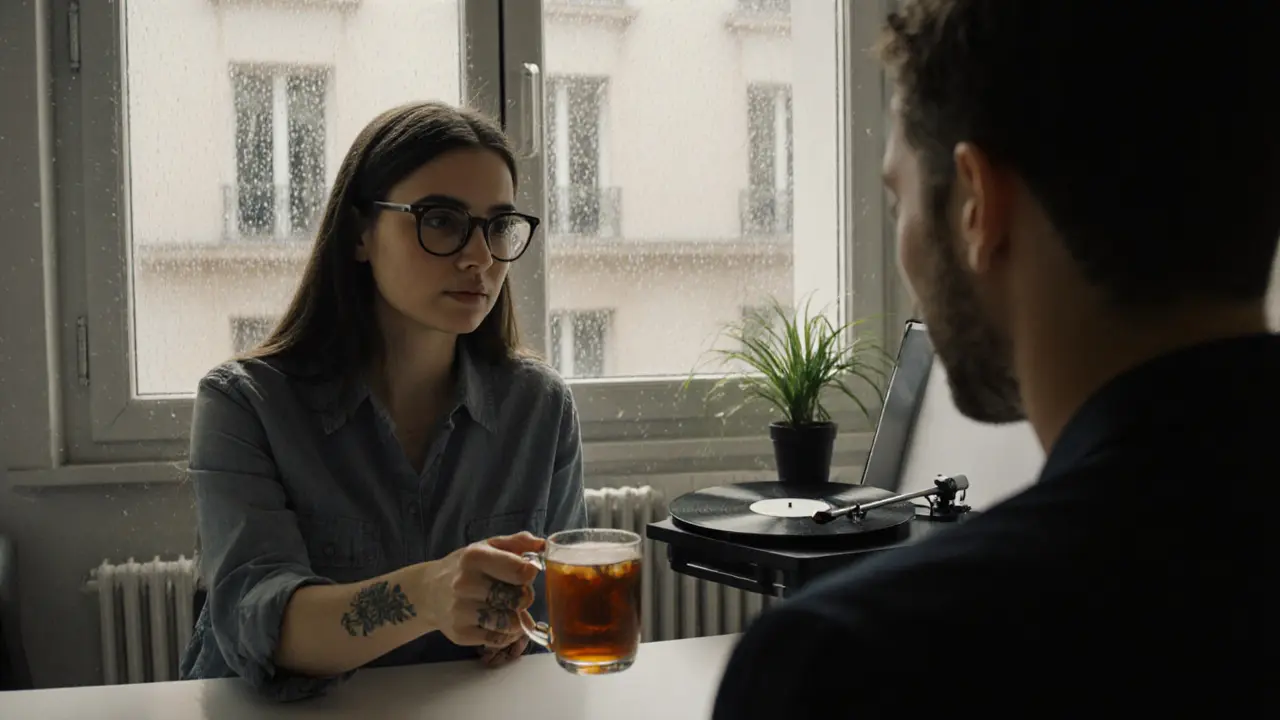 A woman in glasses serves tea to a client in a peaceful studio as rain falls outside the window.
