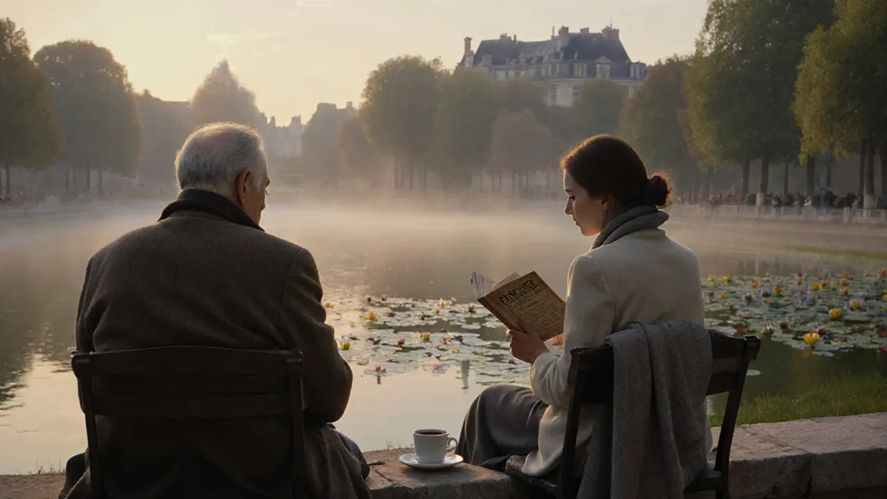 An elderly man and woman sitting peacefully in the Tuileries Garden at dawn, reading and gazing at water lilies.