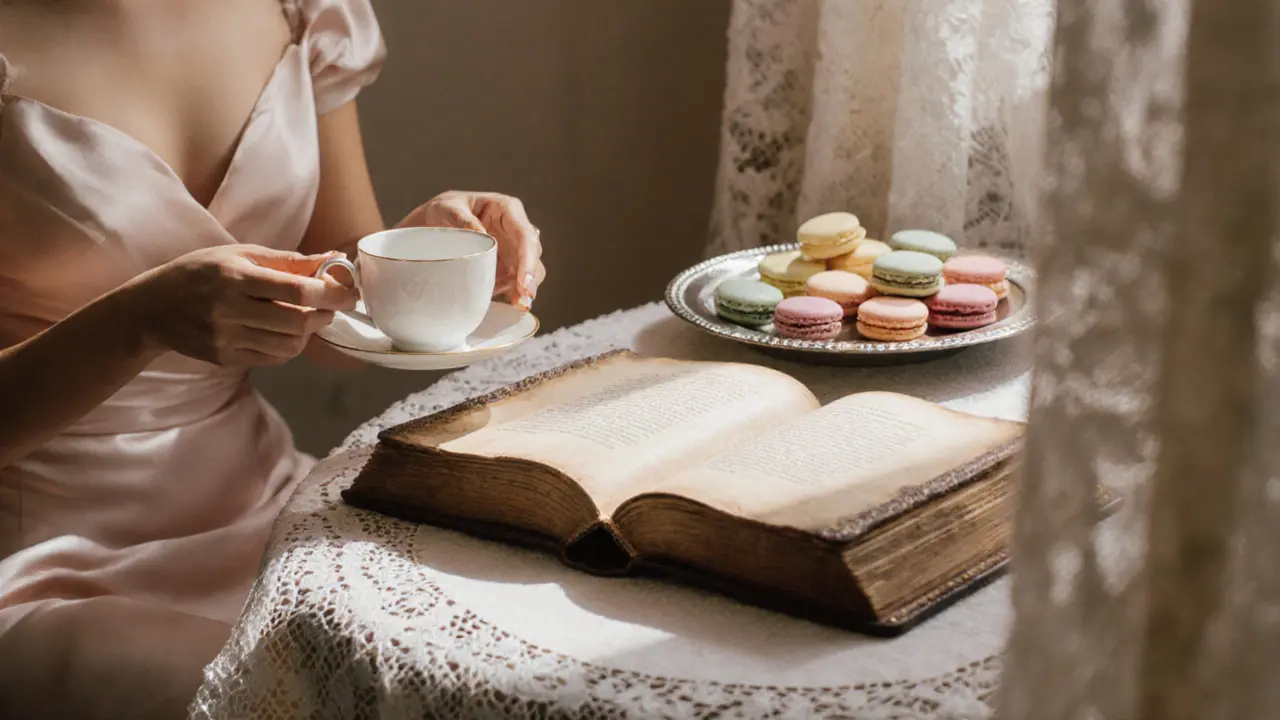 An elegant afternoon tea in a private room at Ladurée, with pastel macarons, a teacup, and an open vintage book under soft sunlight.