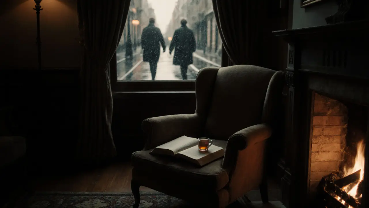An empty armchair by a fireplace in a library, with an open book and cooling tea, reflecting a quiet, personal connection after dawn.