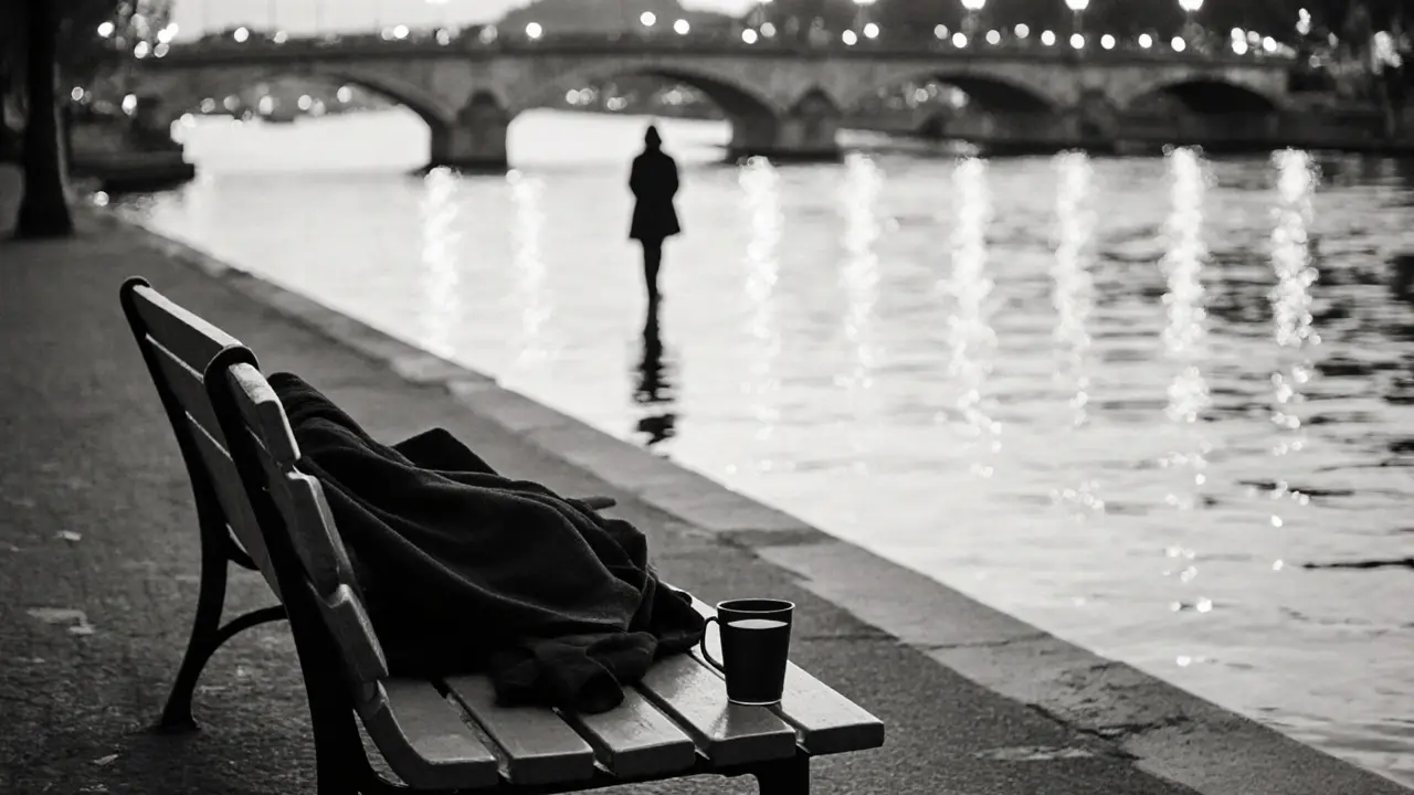 An empty bench by the Seine at dusk, a folded coat beside an abandoned cup, reflecting city lights on the water.