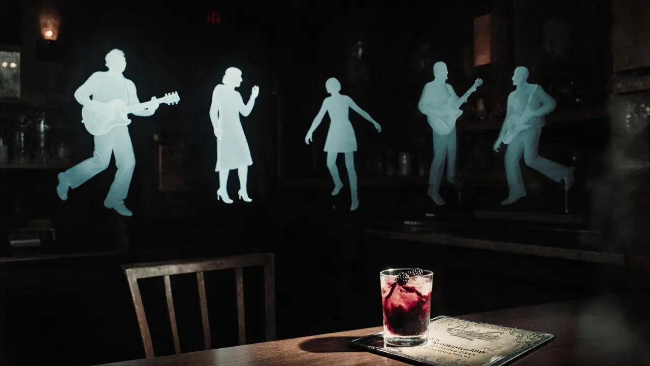 An empty corner at 3 a.m. with a glass of cocktail and a burned CD, surrounded by ghostly silhouettes of past visitors.