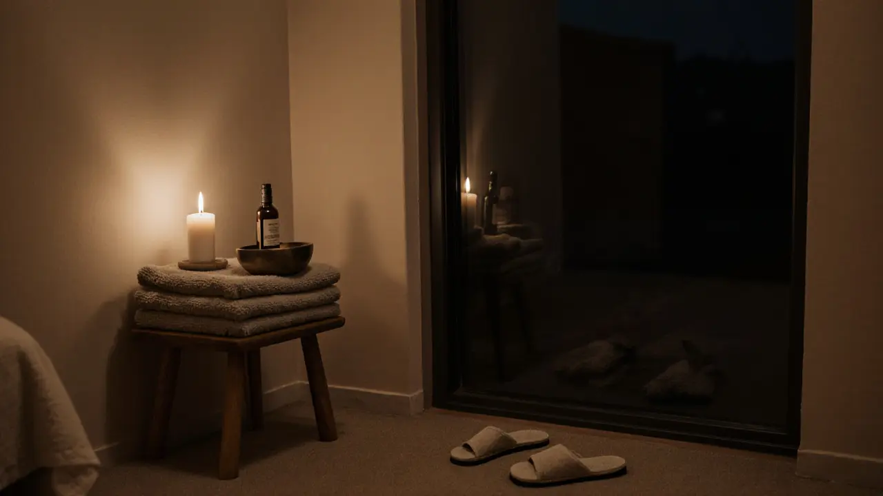 An empty massage room after a session, with oil, towels, and a flickering candle in quiet darkness.
