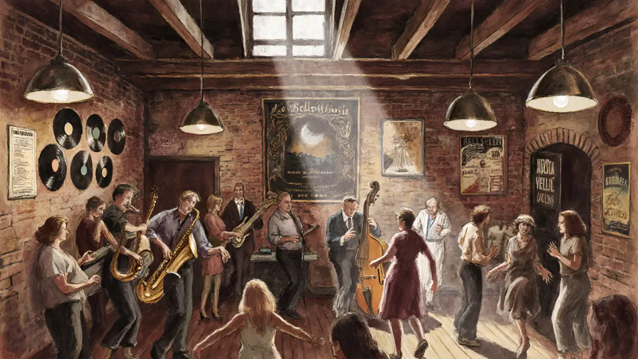 An intimate jazz performance in a brick-walled venue with vinyl records and soft lighting.