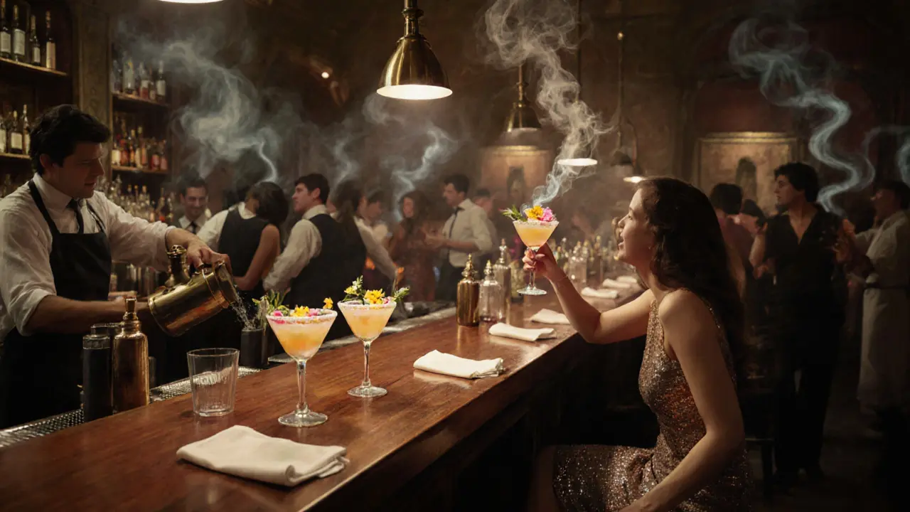 Bar at Raspoutine serving signature cocktails with edible flowers, patrons laughing under warm vintage lamps and smoke-filled air.