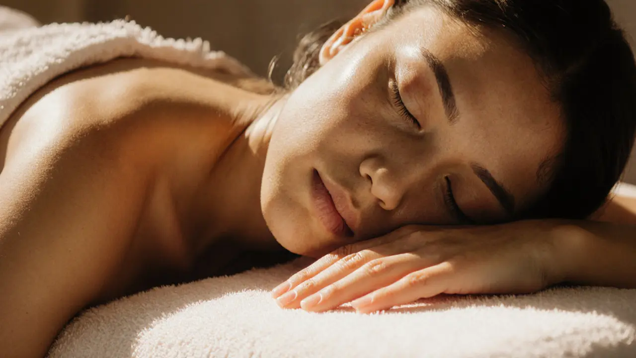 Close-up of a relaxed hand and face during a massage, eyes closed, peaceful expression.