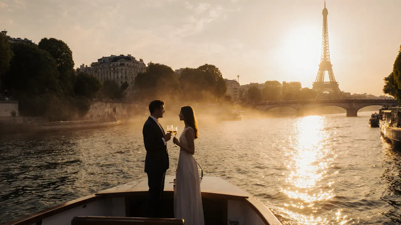 Couple on a quiet Seine riverboat at sunset with the Eiffel Tower in the distance.