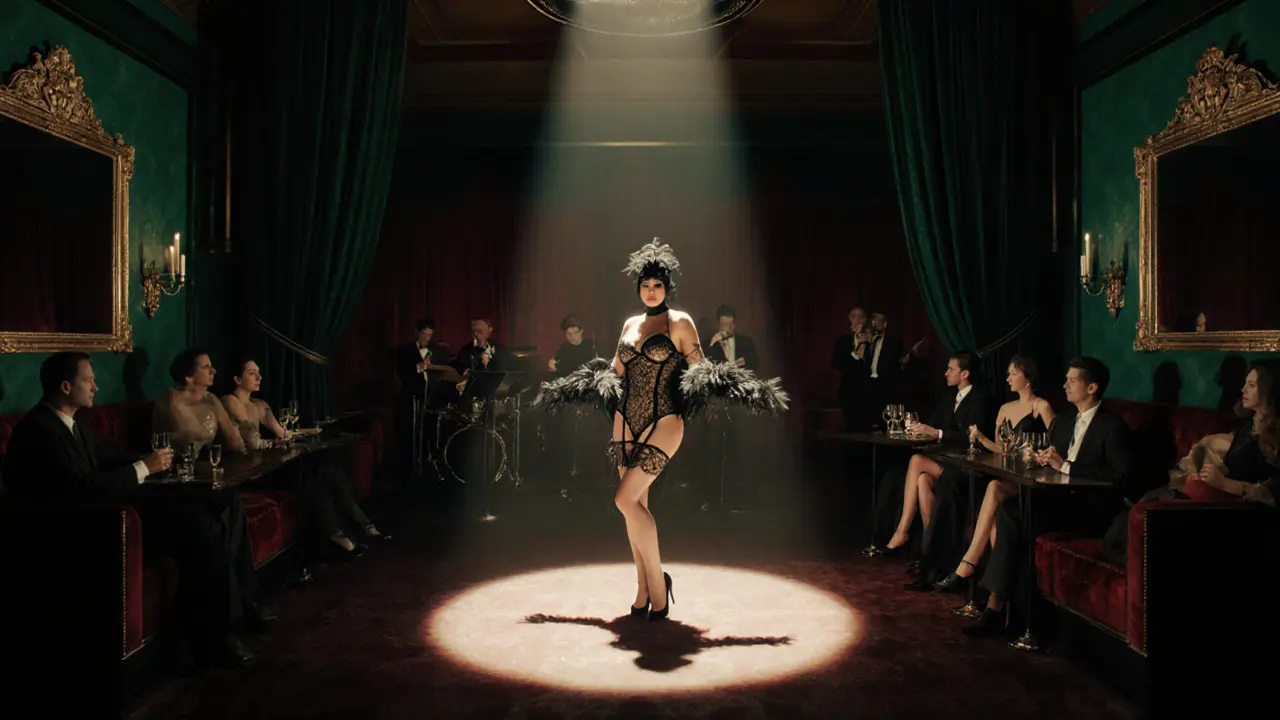 Couples sit in shadowed booths at an elegant Paris club, watching a burlesque performer on stage.