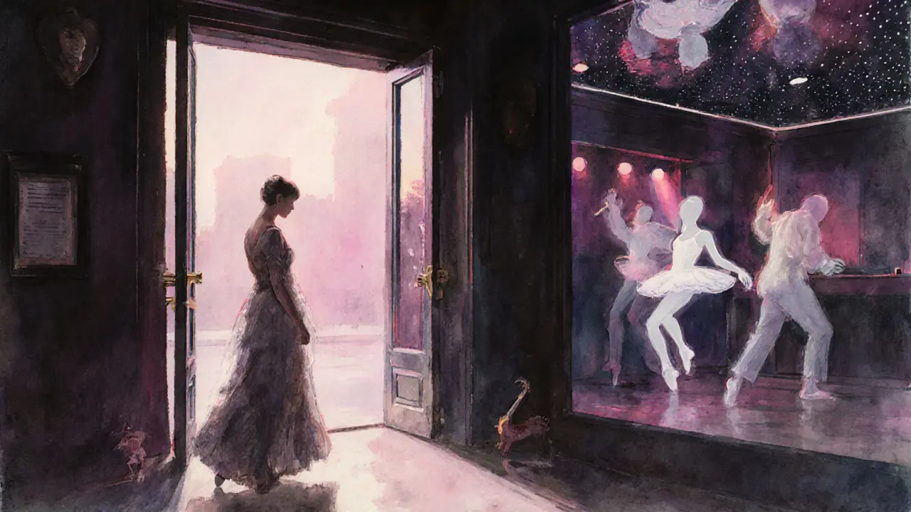 Dawn outside Raspoutine as ghostly performers linger inside, sunlight rising over Parc de Vincennes in dreamlike watercolor tones.