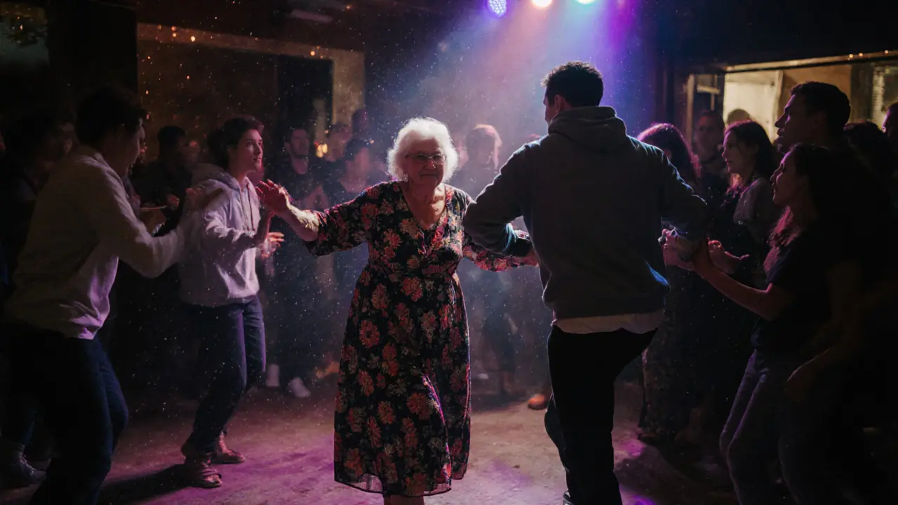 Diverse crowd dancing around a central DJ in a candlelit underground space, barefoot and lost in music.