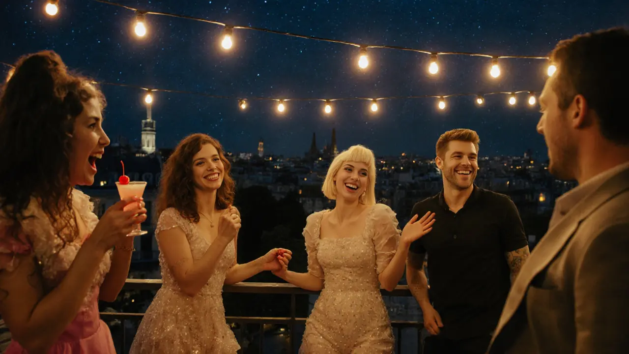 Diverse group enjoying drinks and dancing on Badaboum&#039;s rooftop terrace under string lights