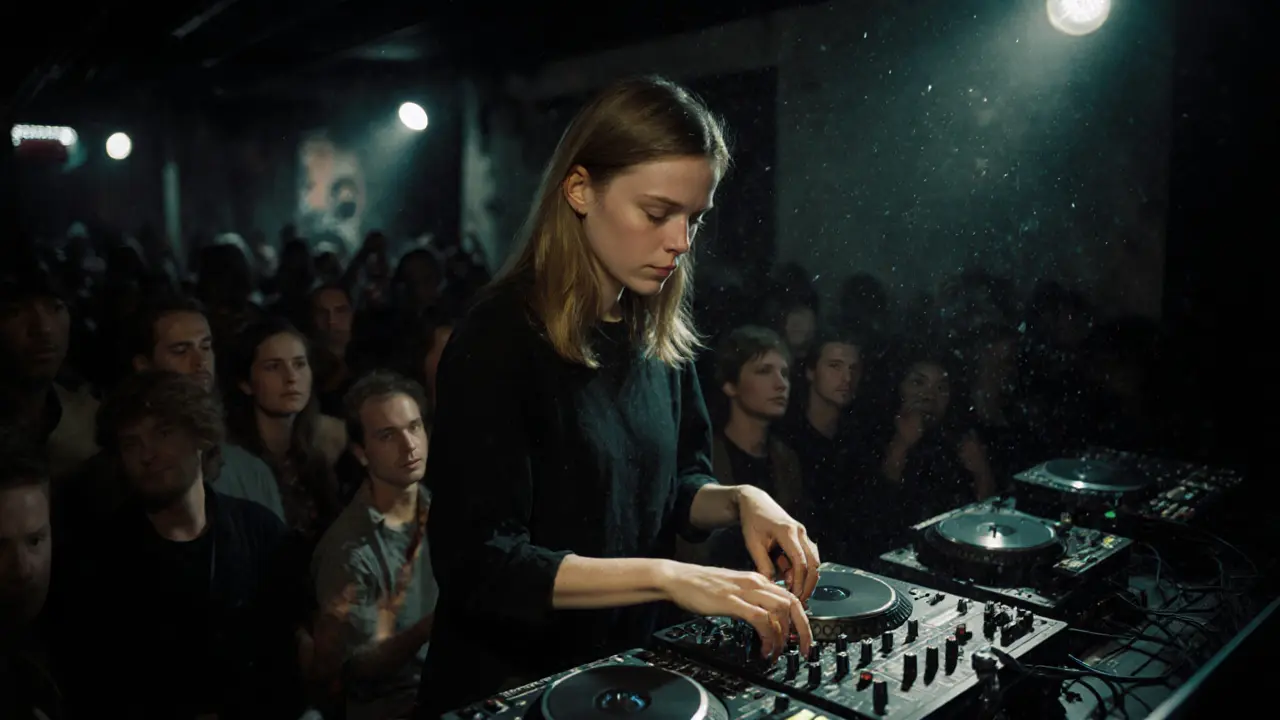 DJ Charlotte de Witte behind turntables in dim light, crowd blurred behind her, raw techno atmosphere.