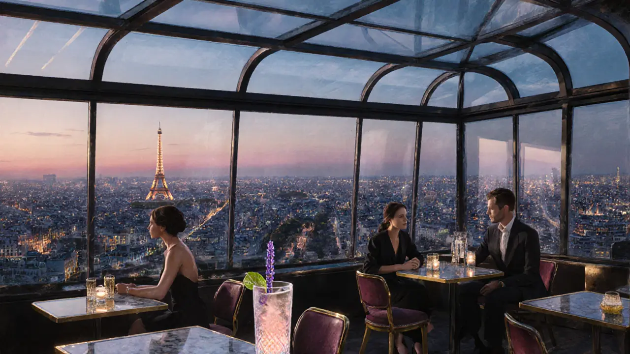 Elegant rooftop bar on Montparnasse Tower with glass ceiling and sparkling Eiffel Tower below at dusk.