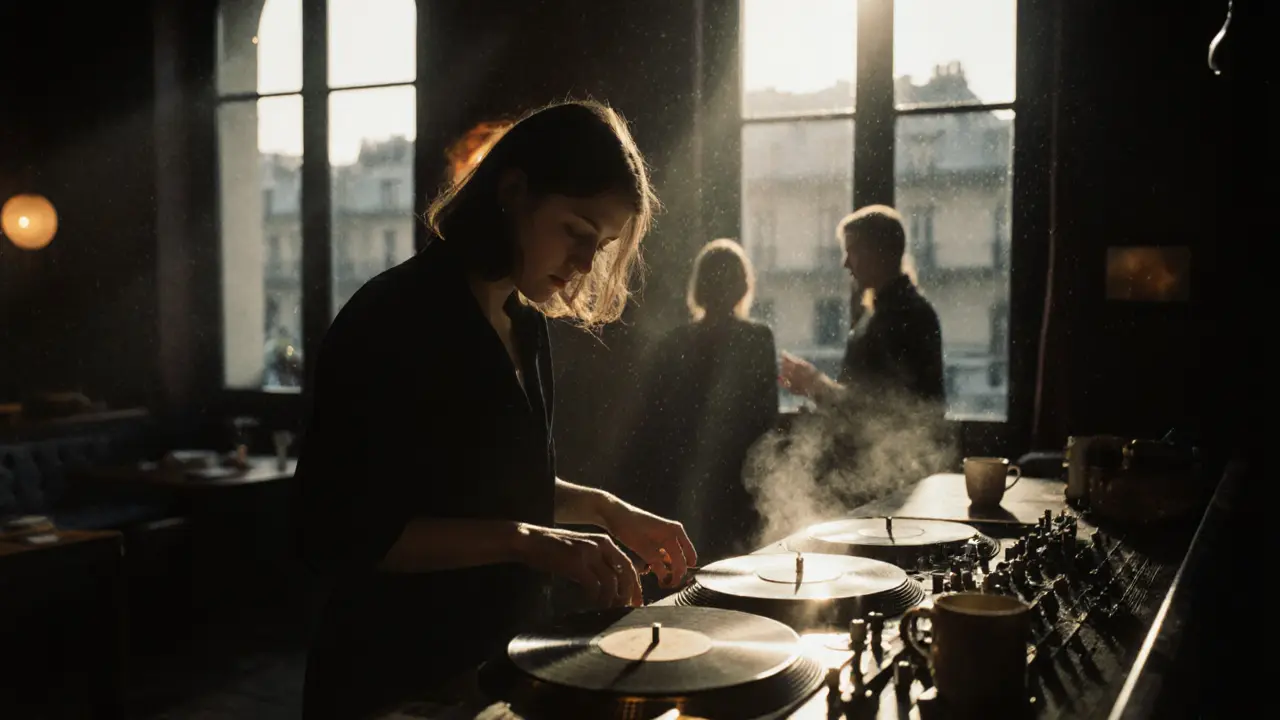 Élodie M. playing vinyl at 3 a.m., rain on windows, single needle skipping, quiet and intimate.