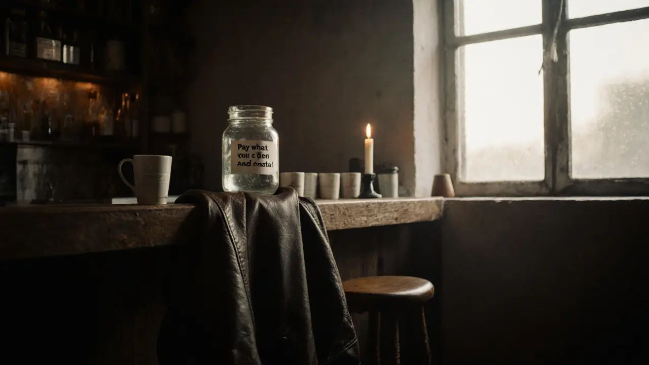 Empty bar with a pay-what-you-can jar and a single candle glowing in the window at dawn.