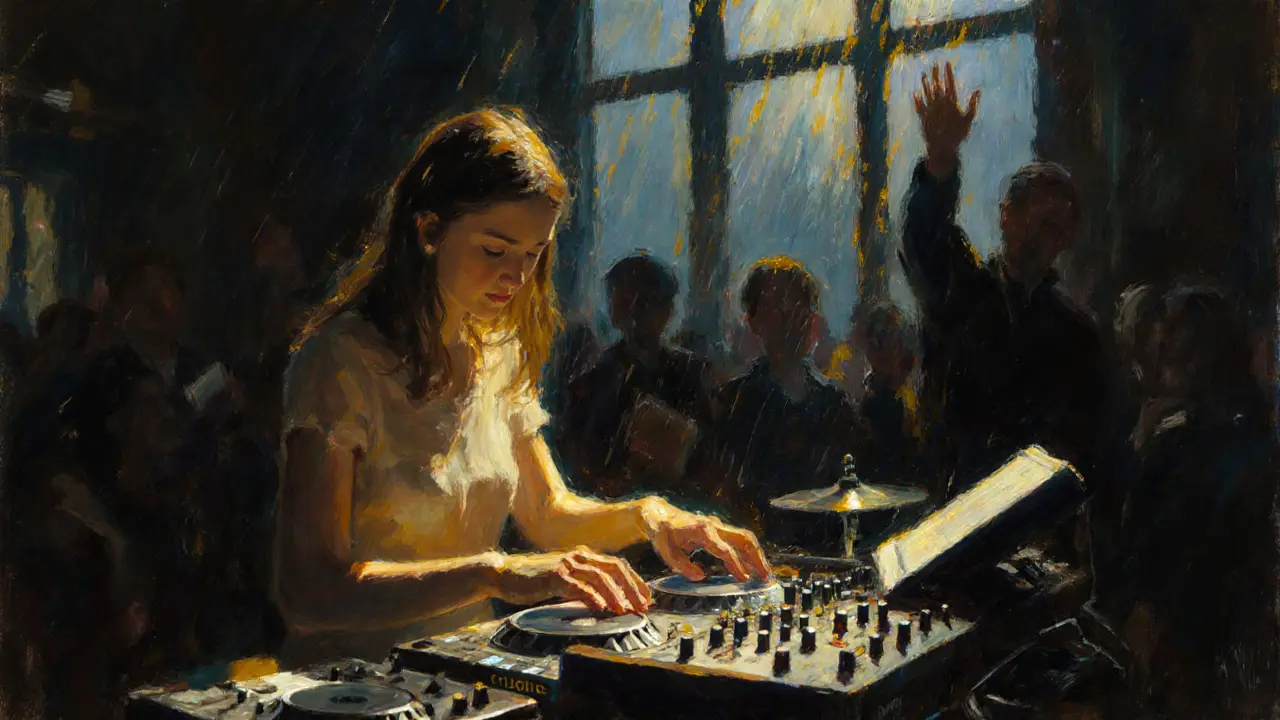 Female DJ performing live with analog synths at 3 a.m., golden light, crowd in motion, rain on window behind her.