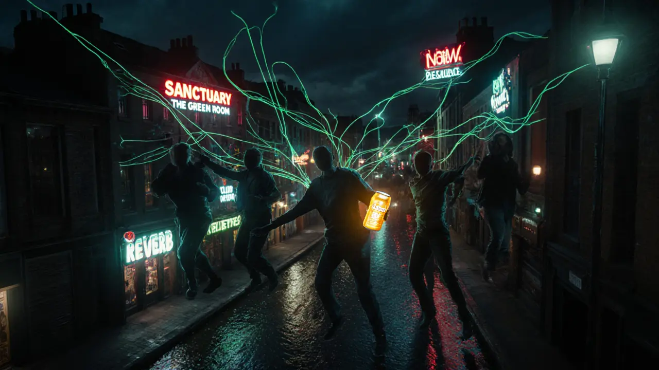 Five Manchester venues connected by sound waves, glowing like a living nightlife network.