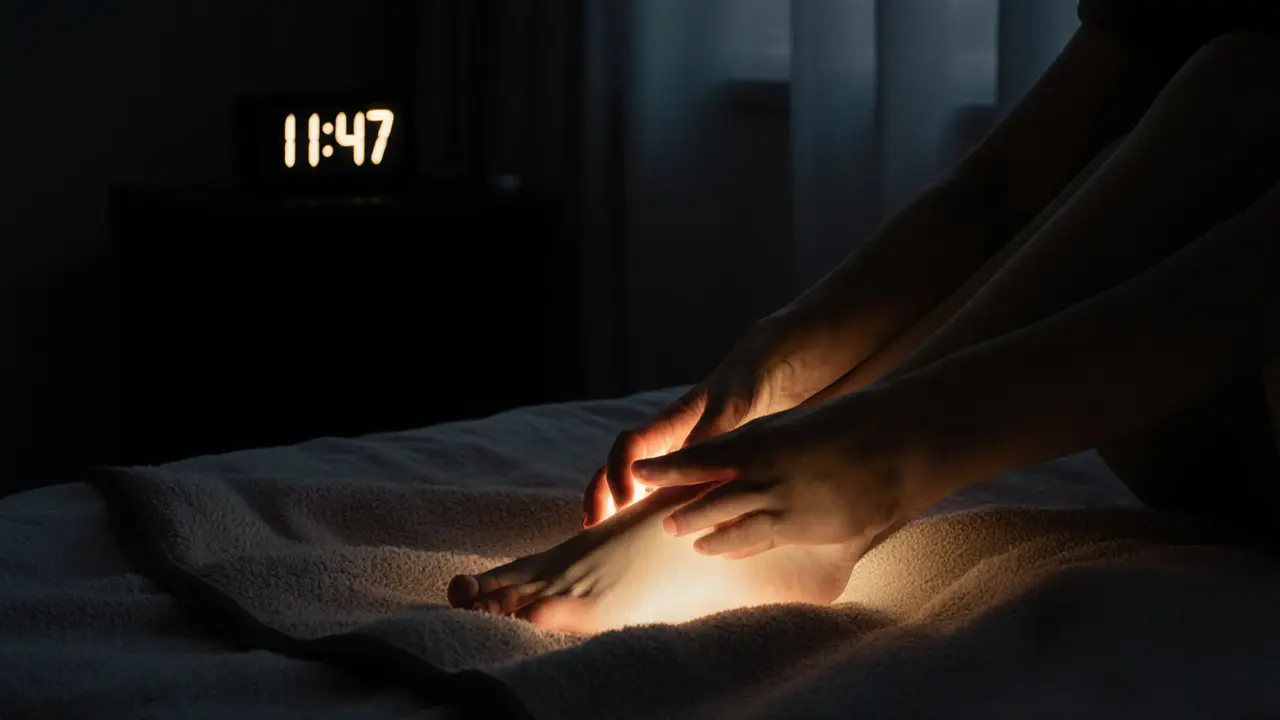 Hands cradling feet in a quiet bedroom at night, symbolizing restful sleep through touch.