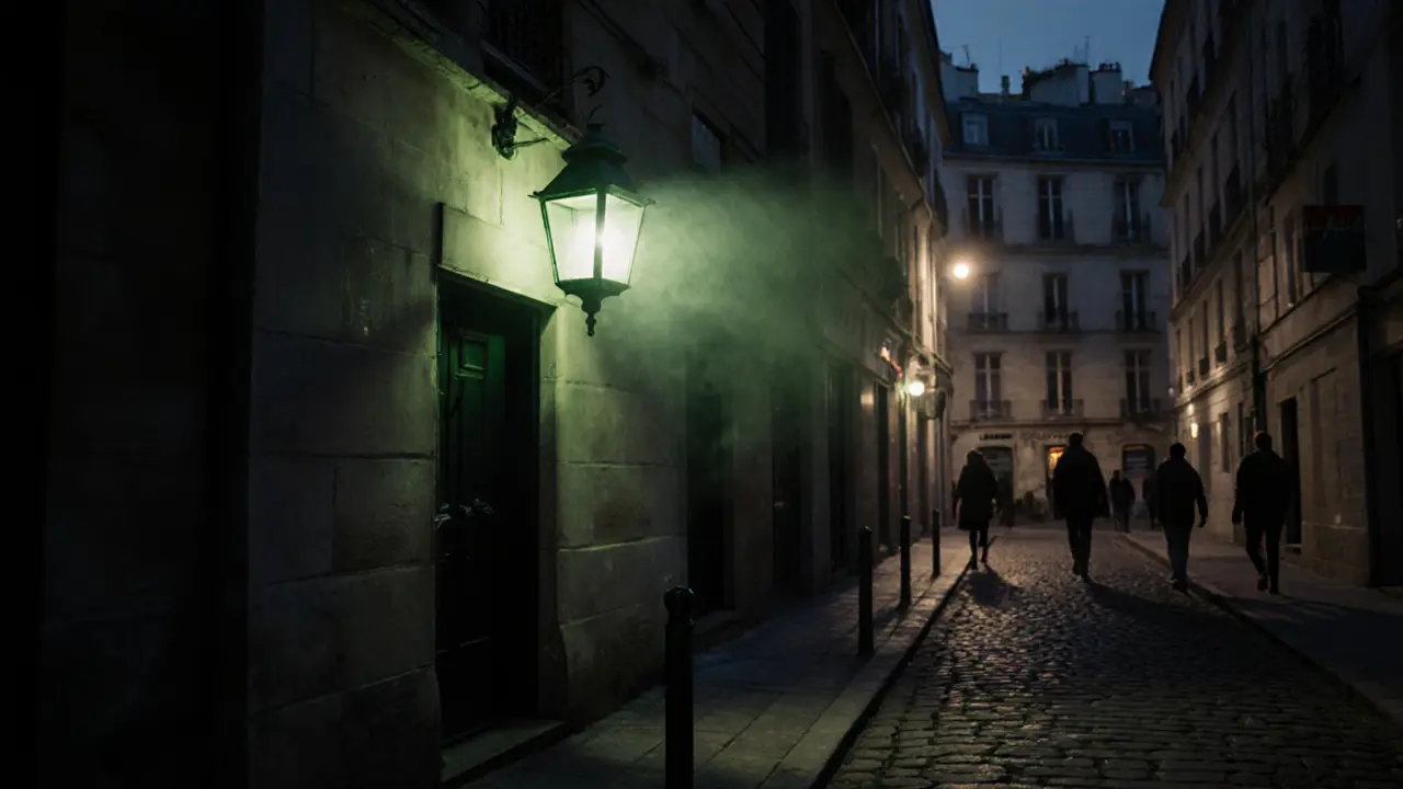 Hidden entrance to a Paris nightclub at night, a single green lantern above a narrow alley, bass vibrations visible in the air.