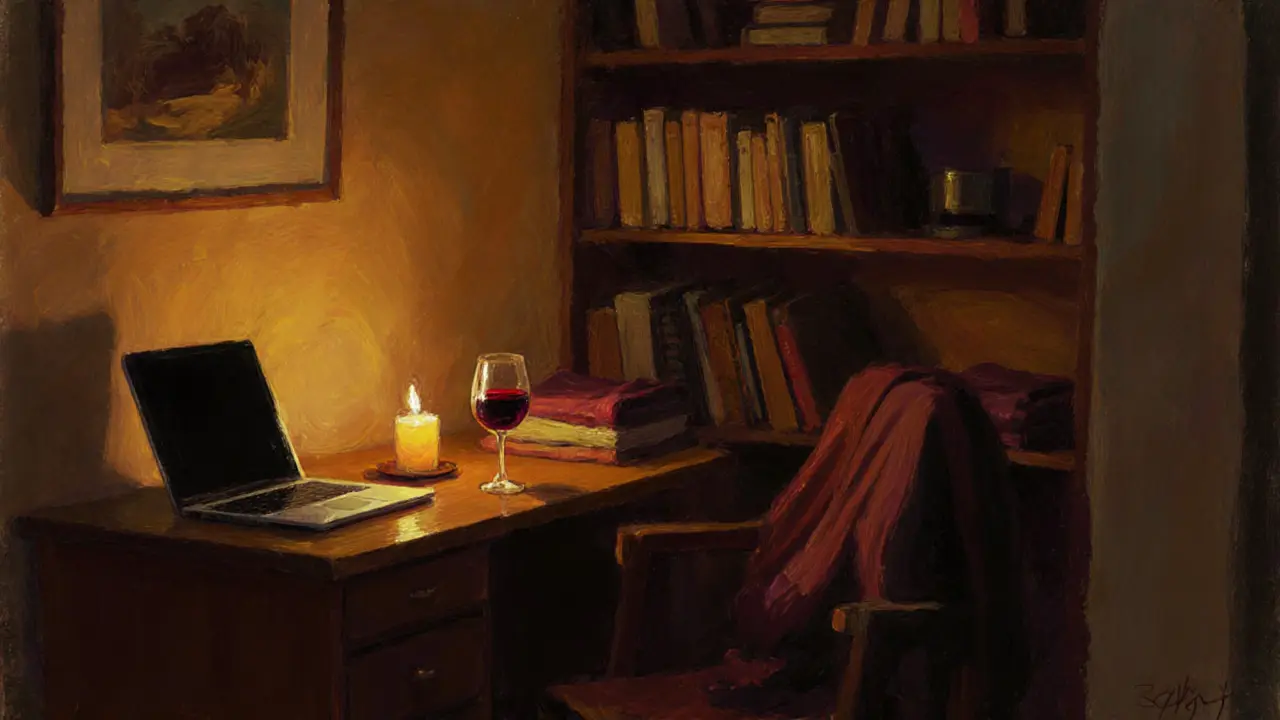 Intimate private studio with candlelight, wine glass, and books, suggesting quiet human connection.