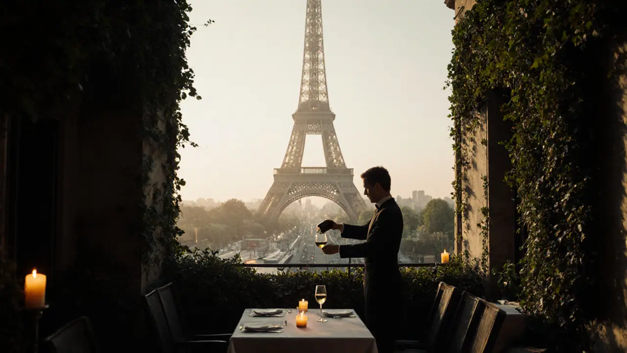Ivy-covered rooftop terrace framing the glowing Eiffel Tower, candlelit table with wine glass, quiet and intimate.