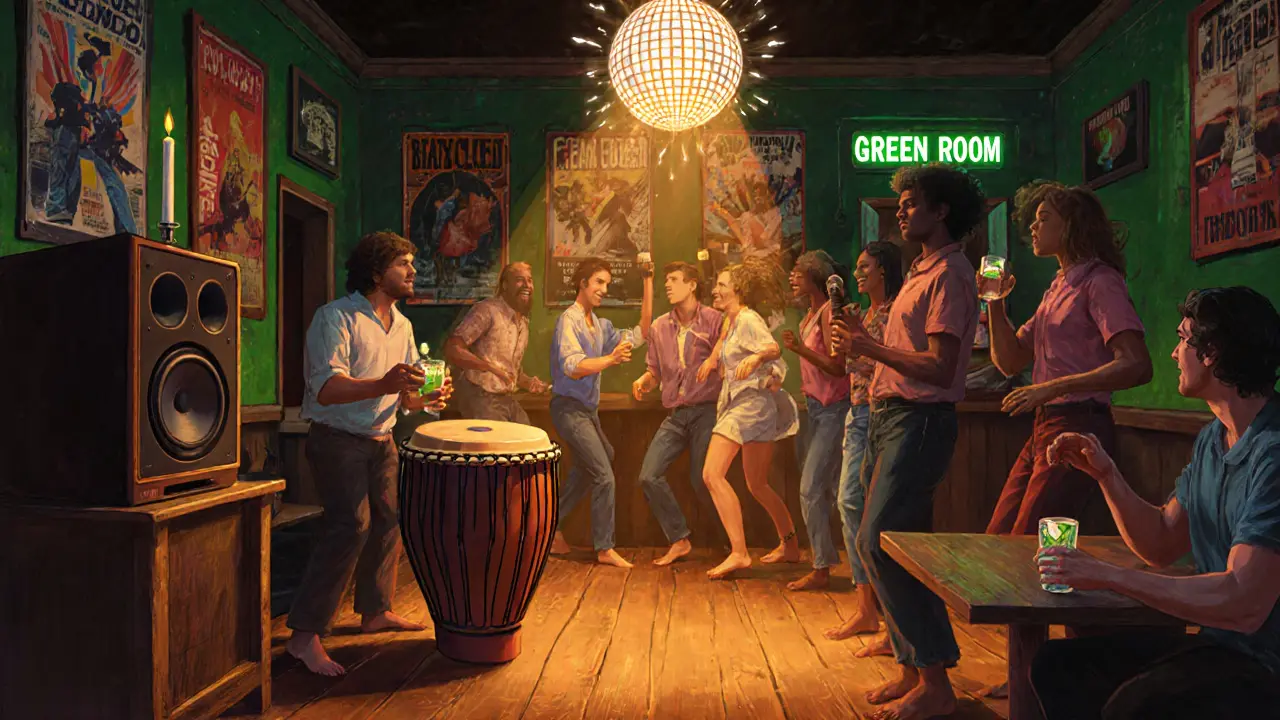 Live percussion and disco lights in a cozy bar with vintage speakers and diverse dancers.