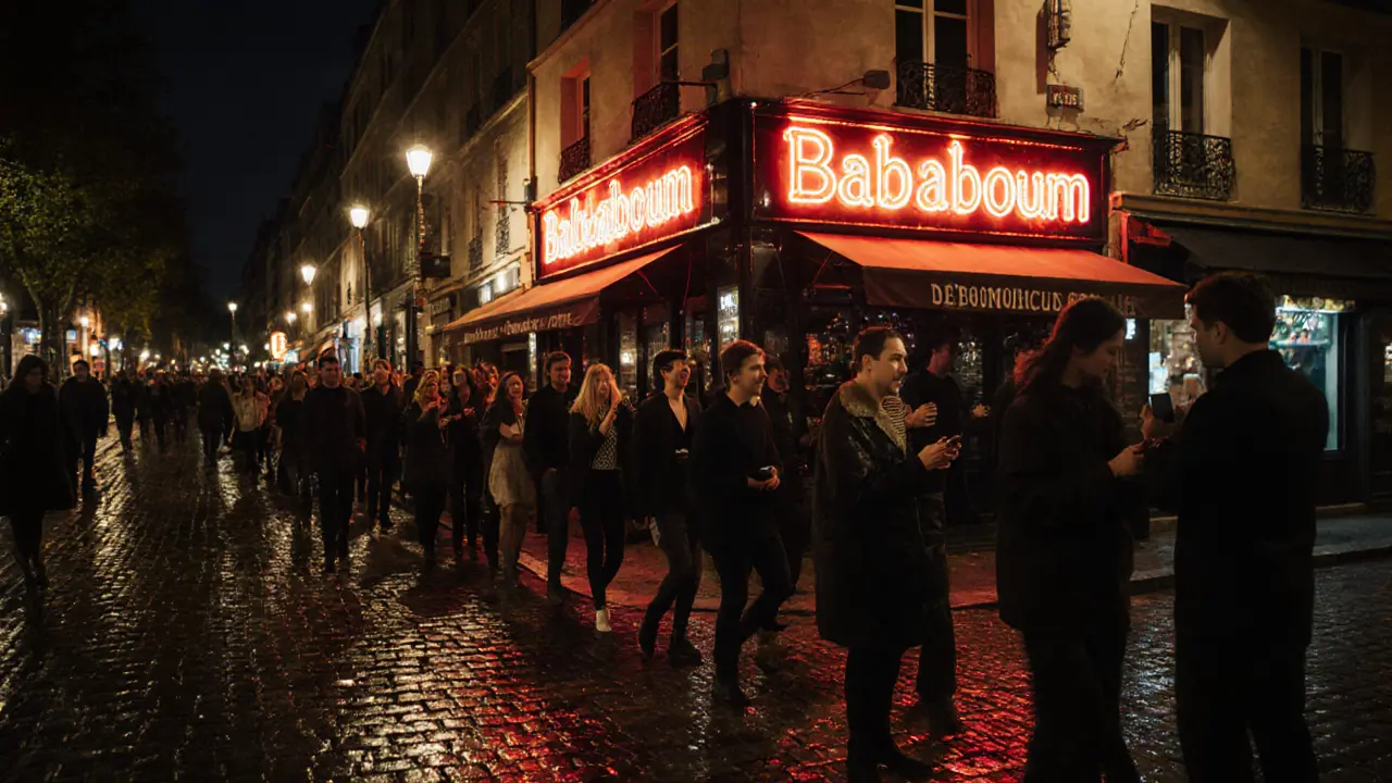 Long line of people outside Badaboum Paris with glowing red neon sign at night