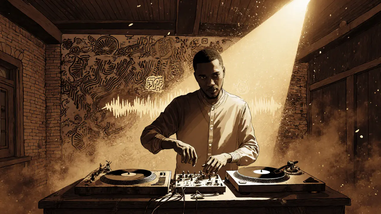 Malik &#039;Kilo&#039; Ndiaye performing with analog turntables and handmade gear in dim, warm light.