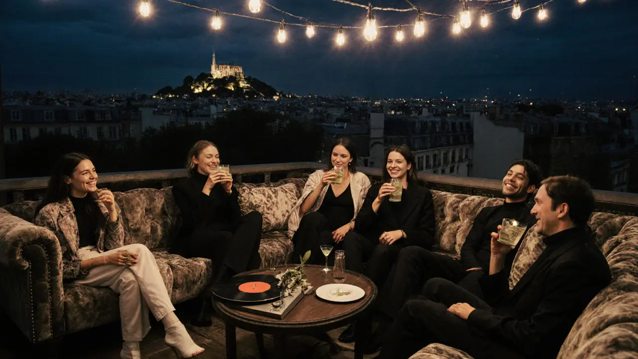 Models and industry insiders relax on a hidden Paris rooftop at night, jazz playing softly.