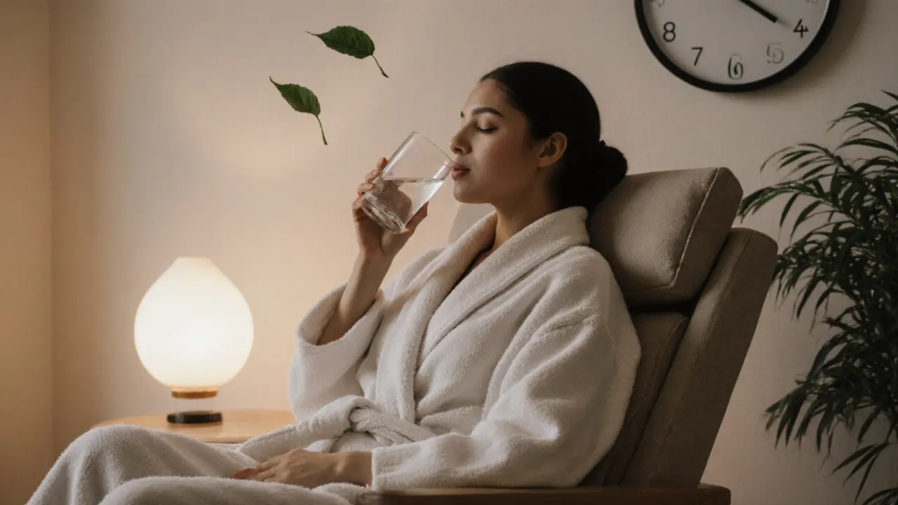 Person sitting quietly after a massage, sipping water, wearing a robe in a calm room.