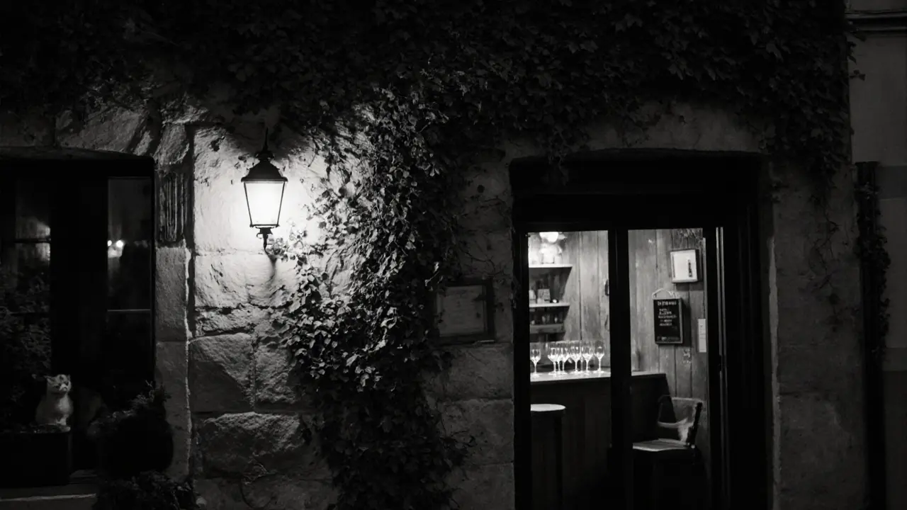 Quiet Montmartre alley at night with lantern light, ivy-covered walls, and a cat on a windowsill.